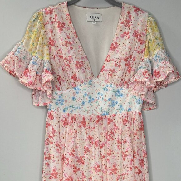 Aura Floral Tiered Maxi Dress (Size S) Colorful Flowy Chiffon Spring Summer - Picture 2 of 9